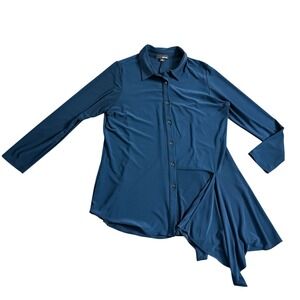 Sun Kim Teal Blue Asymmetrical Draped Button Down Tunic Top Womens Medium